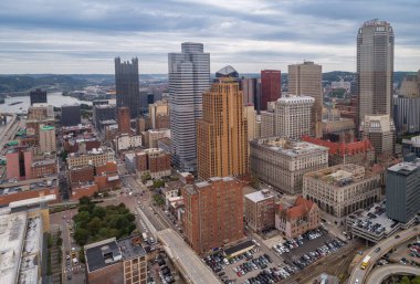Aerial view of Pittsburgh, Pennsylvania. Business district and river in background. Beautiful Cityscape.