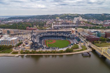 PNC Baseball Park in Pittsburgh, Pennsylvania. PNC Park has been home to the Pittsburgh Pirates since 2001. Drone Point of View