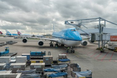 Amsterdam Airport Schiphol with KLM Air France airplane Boeing 747-400. Netherland