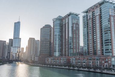 Chicago Cityscape with Skyscraper and Chicago River. William P. Fahey Bridge. Trump Building. Illinois