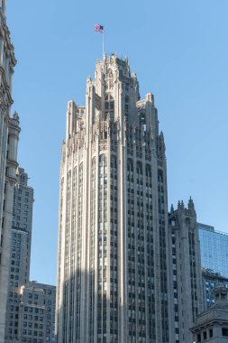 Chicago Business District, Downtown, Skyscraper. Waving Flag. Illinois