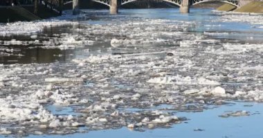 Ice Drift In Vilnius, Lithuania. River Neris. Ice floes float on the river in the spring. Ice drift movement. Winter landscape. Melting ice water, global warming climate change concept.