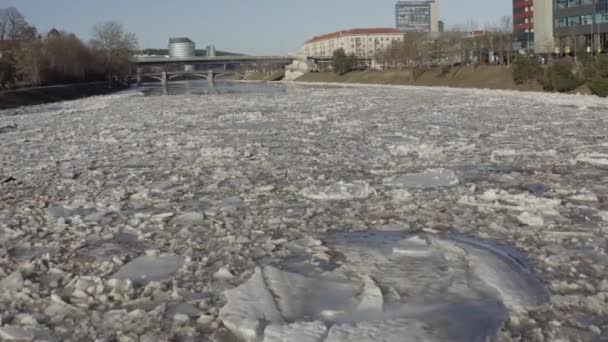 リトアニアのヴィリニュスで流氷 ネリス川だ 春には川に流氷が浮かぶ 流氷運動 冬の風景 氷水の融解 地球温暖化と気候変動の概念 — ストック動画