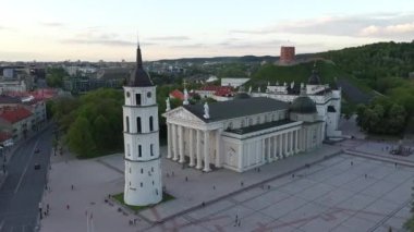 Bell Tower in Vilnius Old Town in Lithuania. Gediminas Castle, Cathedral and Bell Tower in Background. Hill of Three Crosses.