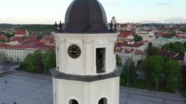 Bell Tower in Vilnius Old Town in Lithuania. Gediminas Castle, Cathedral and Bell Tower in Background. Hill of Three Crosses.