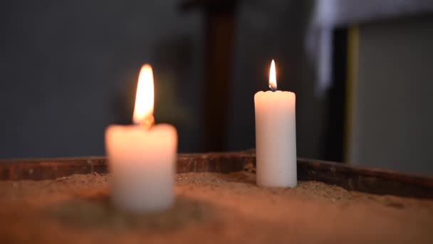 Burning Candles Catholic Church Blurry Background Symbol Christian Religious Focus — Stockvideo