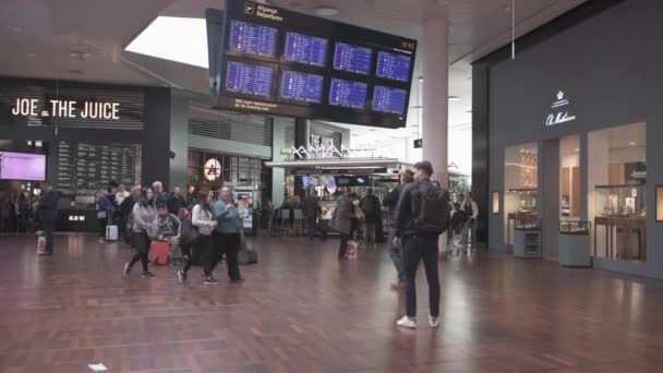 Internationella Köpenhamns Flygplats Avgång Sker Med Skärmar Och Människor — Stockvideo