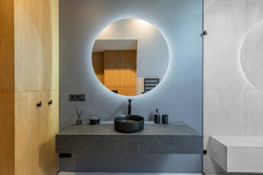 Beautiful Elegant Modern Luxury Bathroom Interior in Luxury Home. Mirror and Sink
