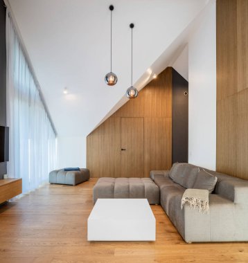 The Stylish Spacious Luxury Interior Design of Living Room with Design Gray Sofa, Decoration, Pillows in Modern Home Decor. Modern Living Room