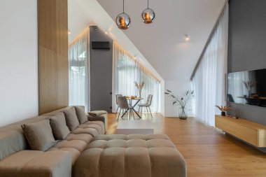 The Stylish Spacious Luxury Interior Design of Living Room with Design Gray Sofa, Coffee Table, Decoration, Pillows in Modern Home Decor. Modern Living Room