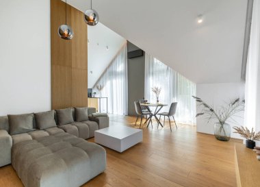 The Stylish Spacious Luxury Interior Design of Living Room with Design Gray Sofa, Coffee Table, Decoration, Pillows in Modern Home Decor. Modern Living Room