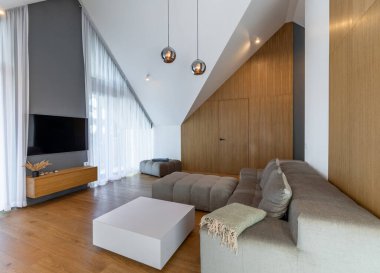 The Stylish Spacious Luxury Interior Design of Living Room with Design Gray Sofa, Coffee Table, Decoration, Pillows in Modern Home Decor. Modern Living Room