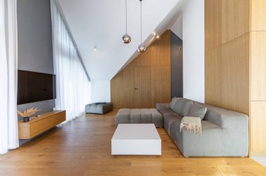 The Stylish Spacious Luxury Interior Design of Living Room with Design Gray Sofa, Coffee Table, Decoration, Pillows in Modern Home Decor. Modern Living Room