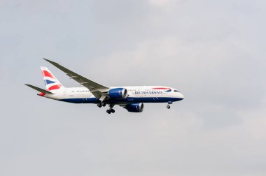 British Airways Airlines Boeing 787 Dreamliner G-ZBJG landing in London Heathrow International Airport.