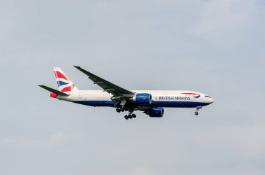 British Airways Airlines Boeing 777 G-VIID landing in London Heathrow International Airport.