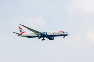 British Airways Airlines Boeing 787 Dreamliner G-ZBKB landing in London Heathrow International Airport.