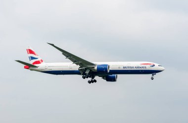 British Airways Airlines Boeing 777 G-STBJ landing in London Heathrow International Airport.
