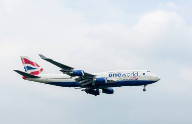 British Airways Airlines Boeing Oneworld livery 747 G-CIVL landing in London Heathrow International Airport.