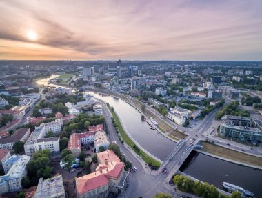 Vilnius Cityscape with Business District and River Neris. Sunset Sky. Lithuania