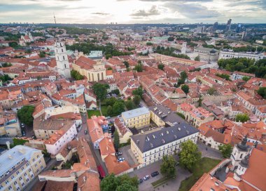 Vilnius Old Town with Many Old Streets and Cathedral Square and Bell Tower in Background. Lithuania. St. Johns Church Bell Tower.