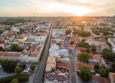 Vilnius Old Town And Gediminas Avenue. Lithuania, Sunset Sky.