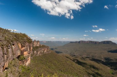 Blue Mountains in Sydney, Australia. Cloudy Blue Sky and Shadows, Wide Angle.