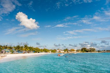 Miami Beach Landscape with Ocean Water and Boats. Barbados, Caribbean Island.