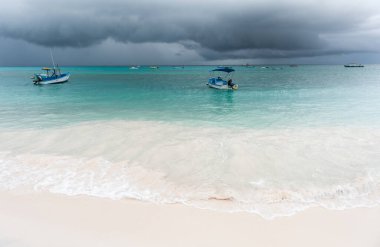 Miami Beach Landscape with Ocean Water and Boats. Barbados, Caribbean Island.