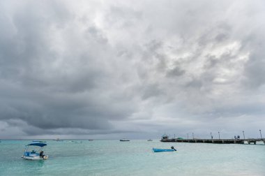 Miami Beach Landscape with Ocean Water and Boats. Barbados, Caribbean Island.
