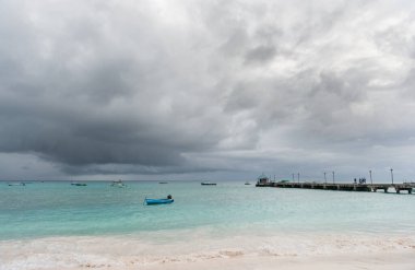 Miami Beach Landscape with Ocean Water and Boats. Barbados, Caribbean Island.