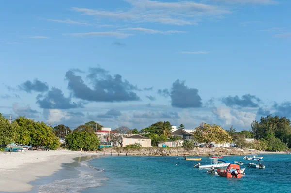 Miami Beach Landscape with Ocean Water and Boats. Barbados, Caribbean Island.