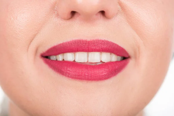 Abra Boca Cara Mulher Com Sorriso Bonito Dentes Brancos Fotografia — Fotografia de Stock