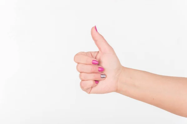 Woman Hand Polish Nails Show Thumbs White Background — Stock fotografie