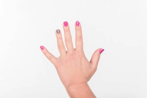 Woman Hand Polish Nails Shows White Background — Stock Photo, Image