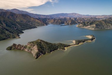 Pyramid Lake in California. It is a reservoir formed by Pyramid Dam on Piru Creek in the eastern San Emigdio Mountains, near Castaic, Southern California, in Los Padres National Forest