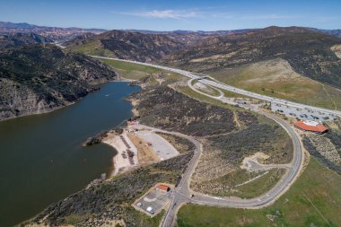 Pyramid Lake in California. It is a reservoir formed by Pyramid Dam on Piru Creek in the eastern San Emigdio Mountains, near Castaic, Southern California, in Los Padres National Forest