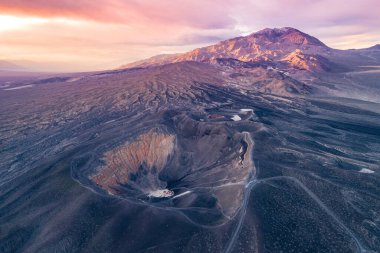 Sunrise in Ubehebe Crater. Death Valley, California. Beautiful Morning Colors and Colourful Landscape in Background. Sightseeing Place. Drone Viewpoint.