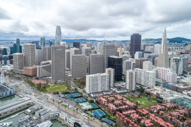 San Francisco Cityscape. Business District with Skyscraper in Background. Financial District. California. Drone Point of View.