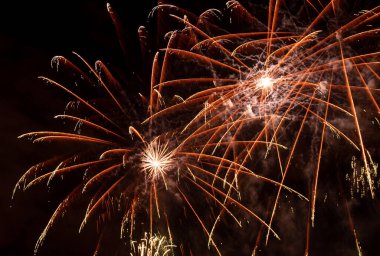 Brightly Colorful Fireworks Light Up the Sky. Beautiful New Year Fireworks. Dark Sky. Explosion. Abstract Colored Firework Background