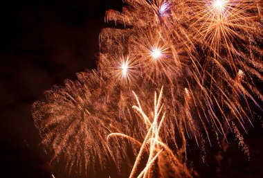 Brightly Colorful Fireworks Light Up the Sky. Beautiful New Year Fireworks. Dark Sky. Explosion. Abstract Colored Firework Background