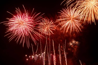Brightly Colorful Fireworks Light Up the Sky. Beautiful New Year Fireworks. Dark Sky. Explosion. Abstract Colored Firework Background