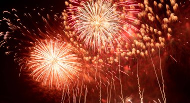 Brightly Colorful Fireworks Light Up the Sky. Beautiful New Year Fireworks. Dark Sky. Explosion. Abstract Colored Firework Background