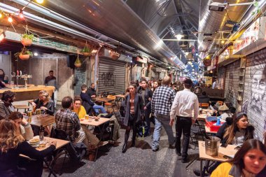 Jerusalem, Israel - December 06, 2018: Famous Market in Jerusalem for Celebrating. Local Restaurant and People.