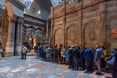 Jerusalem, Israel - December 07, 2018: Church of the Holy Sepulchre, Interior. Church of the Resurrection is a church in the Christian Quarter of the Old City of Jerusalem.