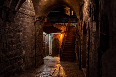 Jerusalem Old Town Streets with Night Light.
