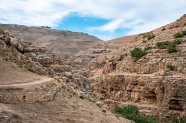 Prat River in Israel. Wadi Qelt valley in the West Bank, originating near Jerusalem and running into the Jordan River near Jericho and the Dead Sea. Nahal Prat, in Judaean Desert.