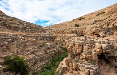 Prat River in Israel. Wadi Qelt valley in the West Bank, originating near Jerusalem and running into the Jordan River near Jericho and the Dead Sea. Nahal Prat, in Judaean Desert.