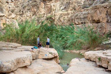 İsrail Prat River 'daki vaha. Batı Şeria 'daki Wadi Qelt Vadisi, Kudüs yakınlarından başlayıp Jericho ve Ölü Deniz yakınlarındaki Ürdün Nehri' ne dökülüyor. Nahal Prat, Judaean Çölünde..