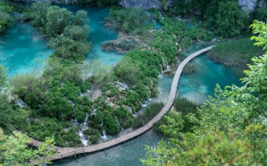 Plitvice Lakes in Croatia. Sightseeing place. Very popular among tourists. Beautiful Landscape and Nature. Daylight. Summer view of beautiful waterfalls in Plitvice Lakes National Park