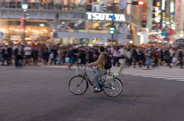 TOKYO, JAPAN - OCTOBER 30, 2019: Shibuya Crossing in Tokyo, Japan. The most famous intersection in the world. Blurry beacause of the panning.
